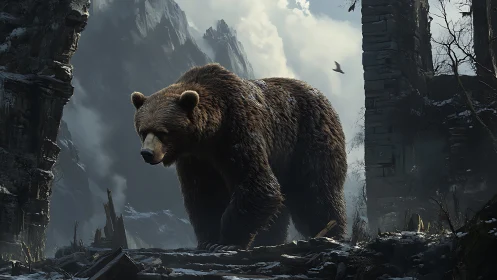 Gentle giant bear wandering through misty mountain ruins.