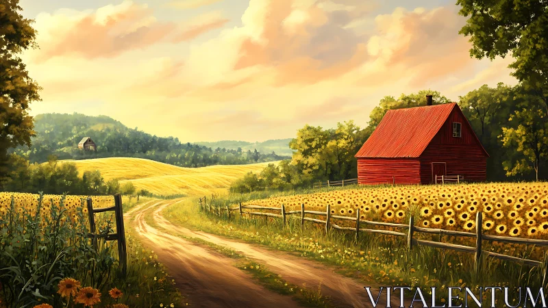 Sunflower lanes curl toward a crimson barn in golden noon.