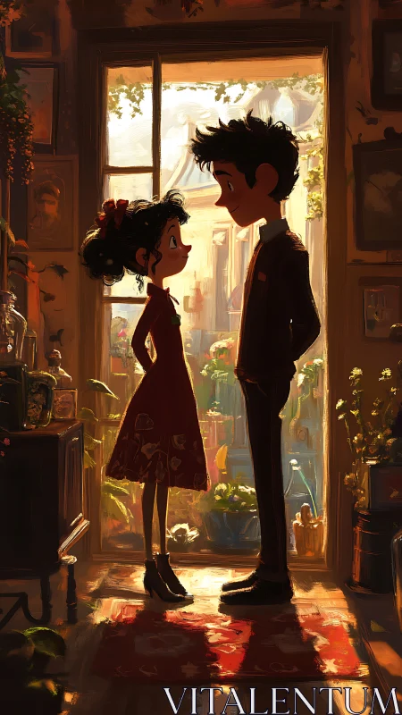 Silhouetted figures framed by golden hour backlighting through ornate doorway