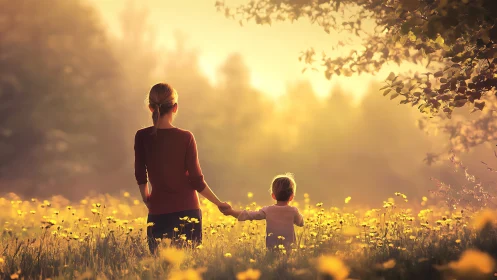 Adult and child standing in sunlit meadow of yellow flowers.