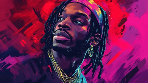 Neon-lit portrait of man with braids in magenta brushstorm.