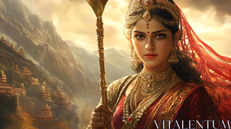 Regal warrior queen in ornate gold regalia before terraced temples