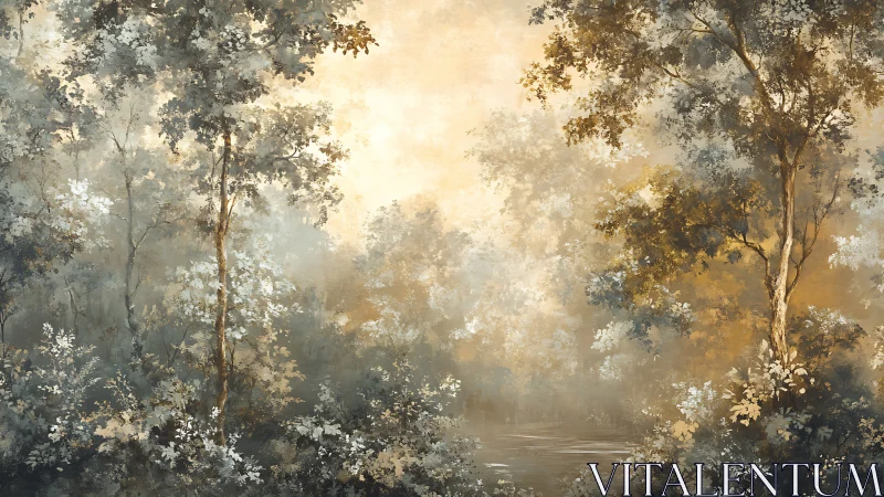 Muted forest landscape with mist and reflective water surface.