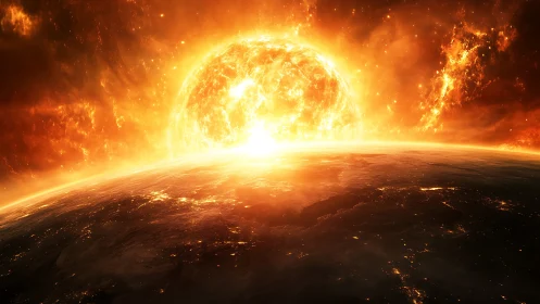 Solar inferno leans over a trembling twilight planet