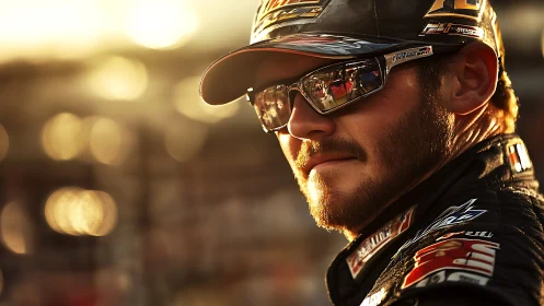 Racing driver in sunglasses at sunset track environment.