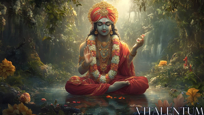 Serene deity in red robes meditating by misty jungle pool.