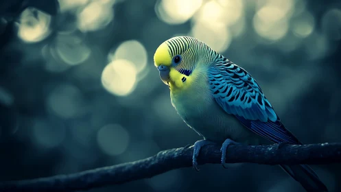 Vibrant budgerigar perched on branch, dreamy bokeh background.