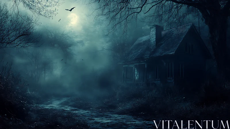 Moonlit abandoned house in dense foggy forest clearing.