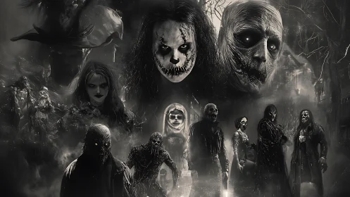 Monochrome horror collage with tormented spectral figures.