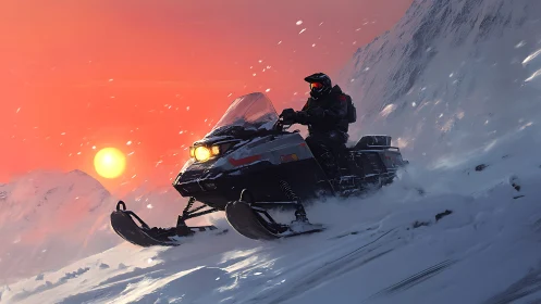 Snowmobile rider chasing sunset light across crisp peaks.