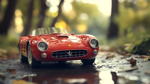3D render of classic red sports car in shallow forest focus.