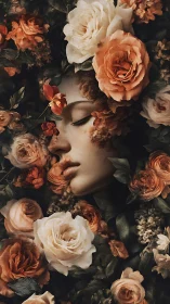 Surreal female visage immersed in dense rose floral tapestry