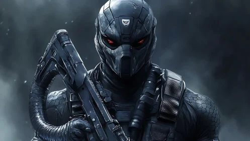 Armored cybernetic soldier aims rifle in dense atmospheric fog