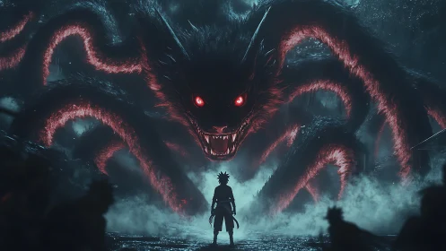 Neon-ocular demon fox confronting lone combatant in misted ravine.