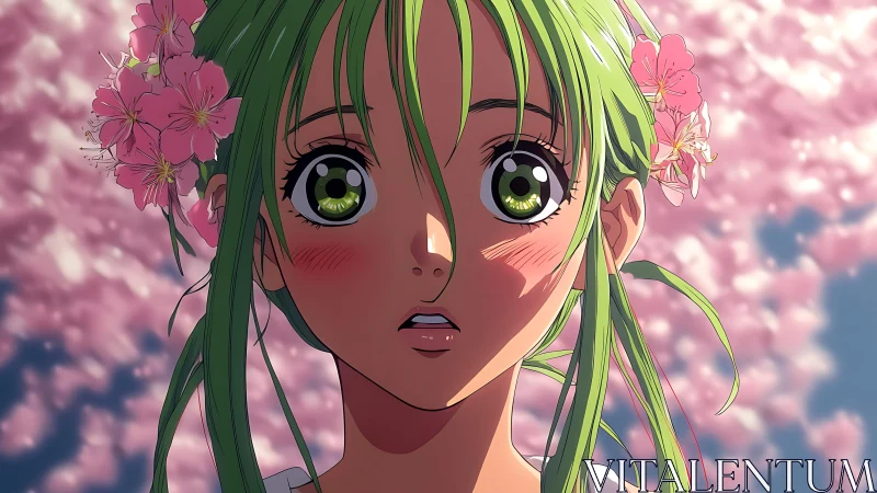 Green haired anime girl under pink blossom background.