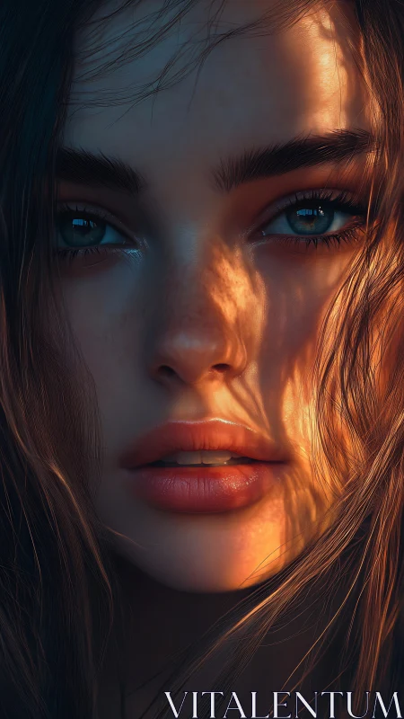Close-up digital portrait of woman in directional warm light.