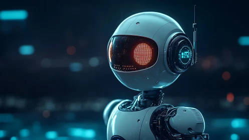 Futuristic service robot with glowing visor in neon cityscape.