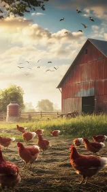 Rural farmstead with free-range poultry and migratory waterfowl.