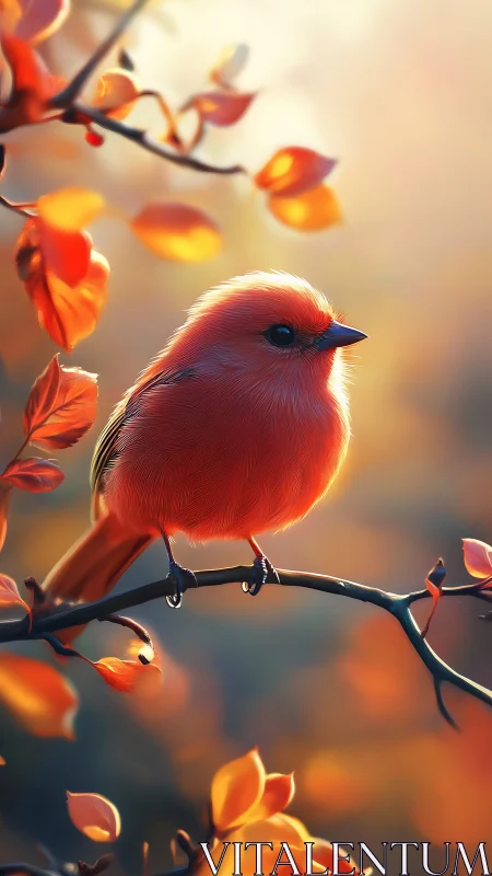 Autumn-lit scarlet songbird poised on glowing branch.