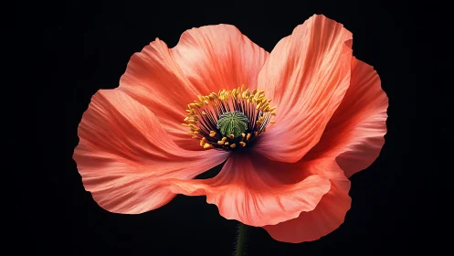 Radiant Coral Poppy Blooms Against Deep Black Backdrop