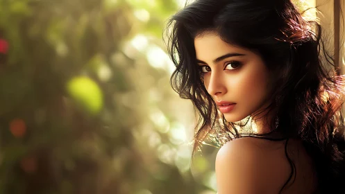 Woman with wavy dark hair in warm outdoor sunlight.