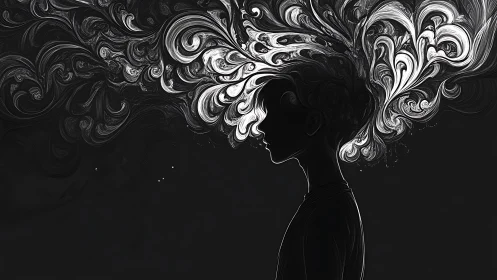 Silhouetted child&rsquo;s mind erupts in swirling monochrome dreams.