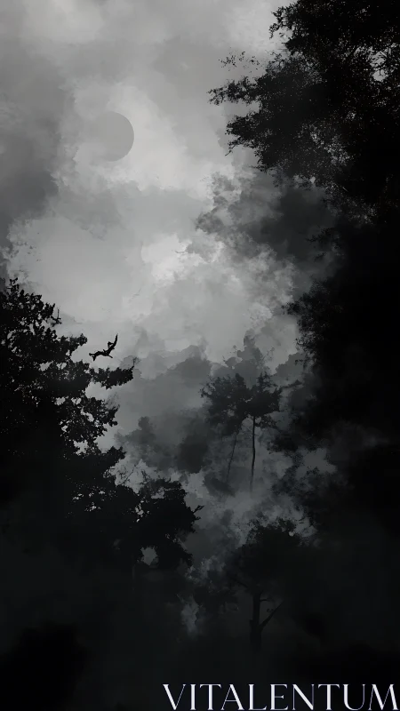 Moonlit mist cathedral where shadow-trees quietly brood.