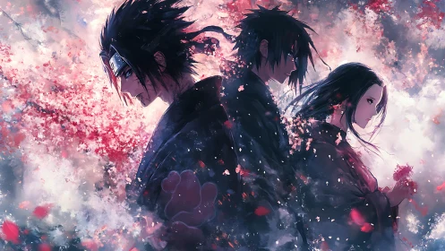 Triptych of anime figures amid dynamic particulate bloom and haze