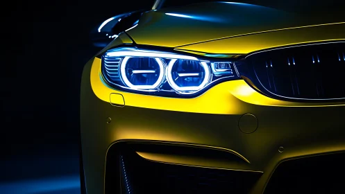 Headlights carve neon arcs across a prowling yellow coupe