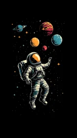 Retro astronaut drifting among stylized multicolor planets.