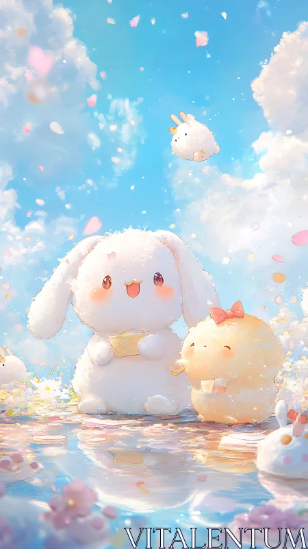 Fluffy bunny mascots sharing letters on reflective sky pond