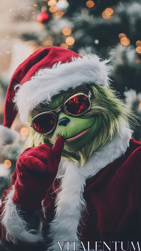 Mischievous green Santa poser in shades guards holiday secrets.