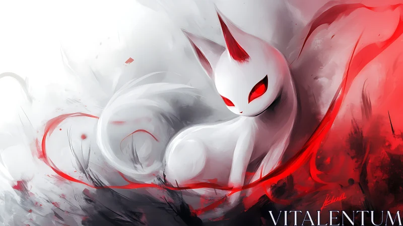 Red-eyed spirit fox emerges from swirling crimson mist