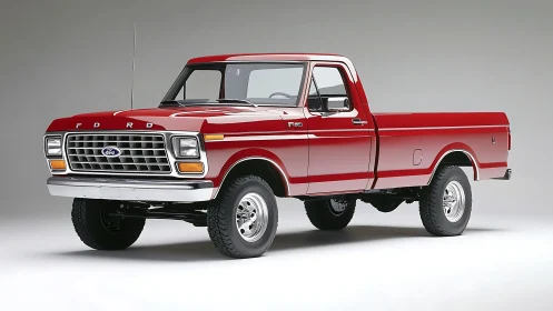 Vintage red Ford pickup truck on seamless studio background.
