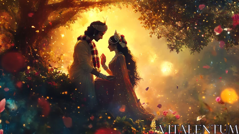 Indian Wedding Couple in Magical Golden Garden Setting.