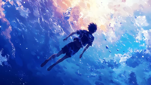 Solitary anime swimmer drifts through a dreamlit blue sky