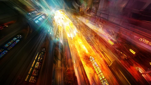 Lightstream through stained glass in a soaring cathedral.