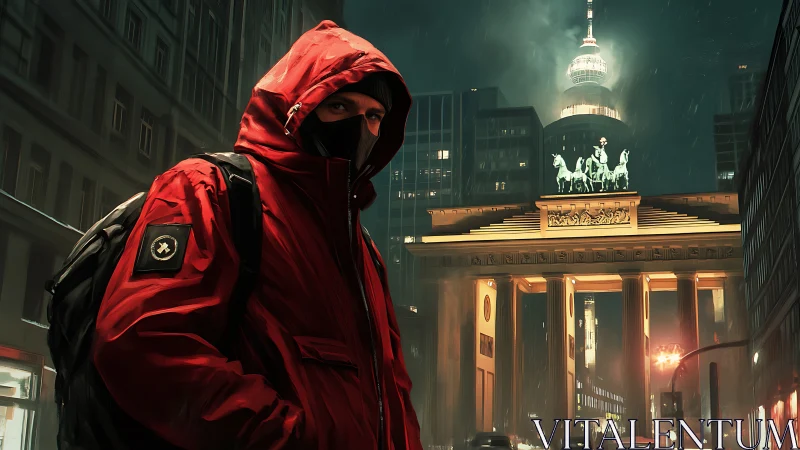 Hooded figure in red jacket stands before illuminated gate