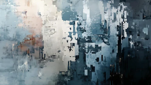 Abstract digital glitch art with blue and gray tones, modern style.