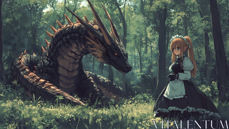Anime forest tableau with dragon and maid in balanced standoff.