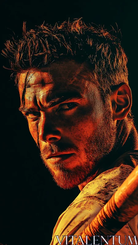 Close-up profile of male athlete holding wooden bat in light.