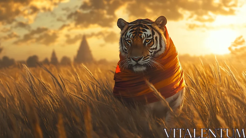 Tiger in orange wrap walking through golden sunset field.
