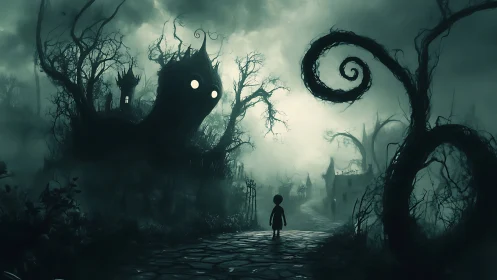 Child silhouette in eerie foggy forest with haunted forms.