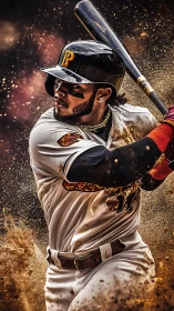 Dynamic baseball batter in explosive sand-splatter motion.