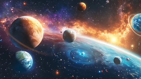 Colorful fantasy space scene with multiple planets shown.