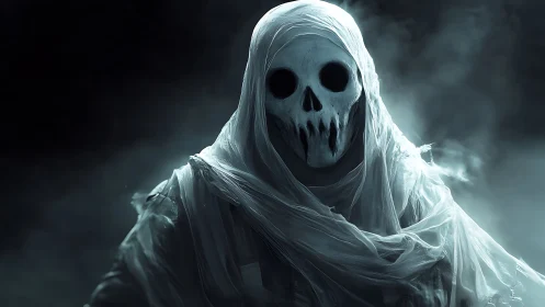 Shrouded ghostly figure gazes out through swirling night mist