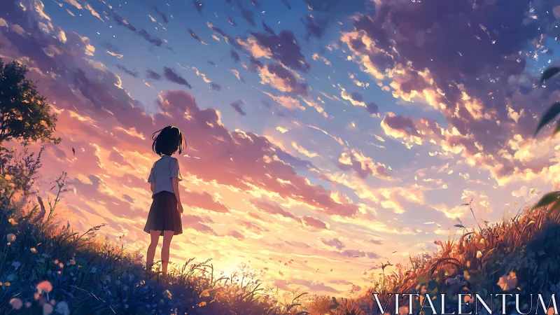 Soft sunset sky over quiet hilltop and thoughtful girl.