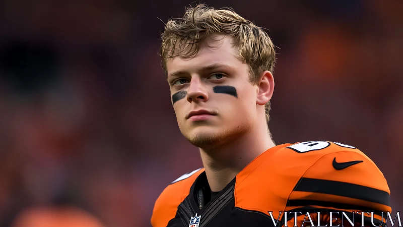 Male football player in orange uniform during game warmup.
