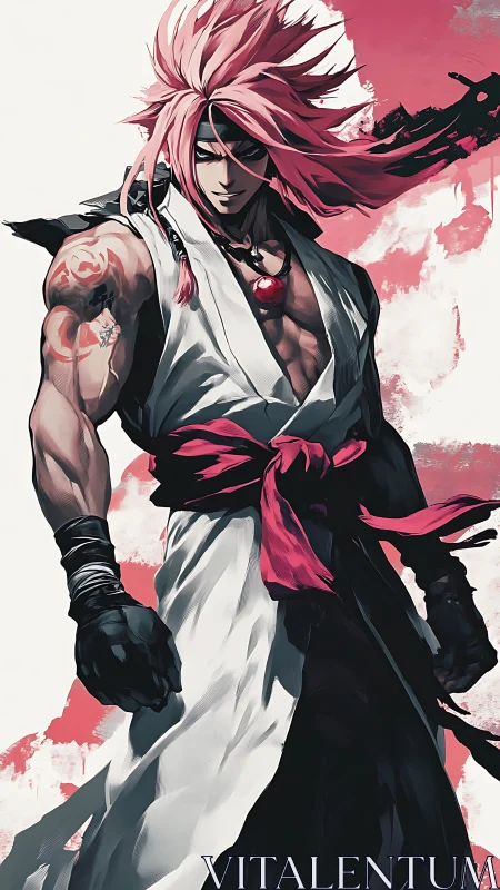 Pink haired anime warrior in white robe with red sash.