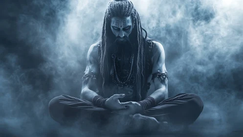 Mystical man with dreadlocks meditates in dense swirling fog